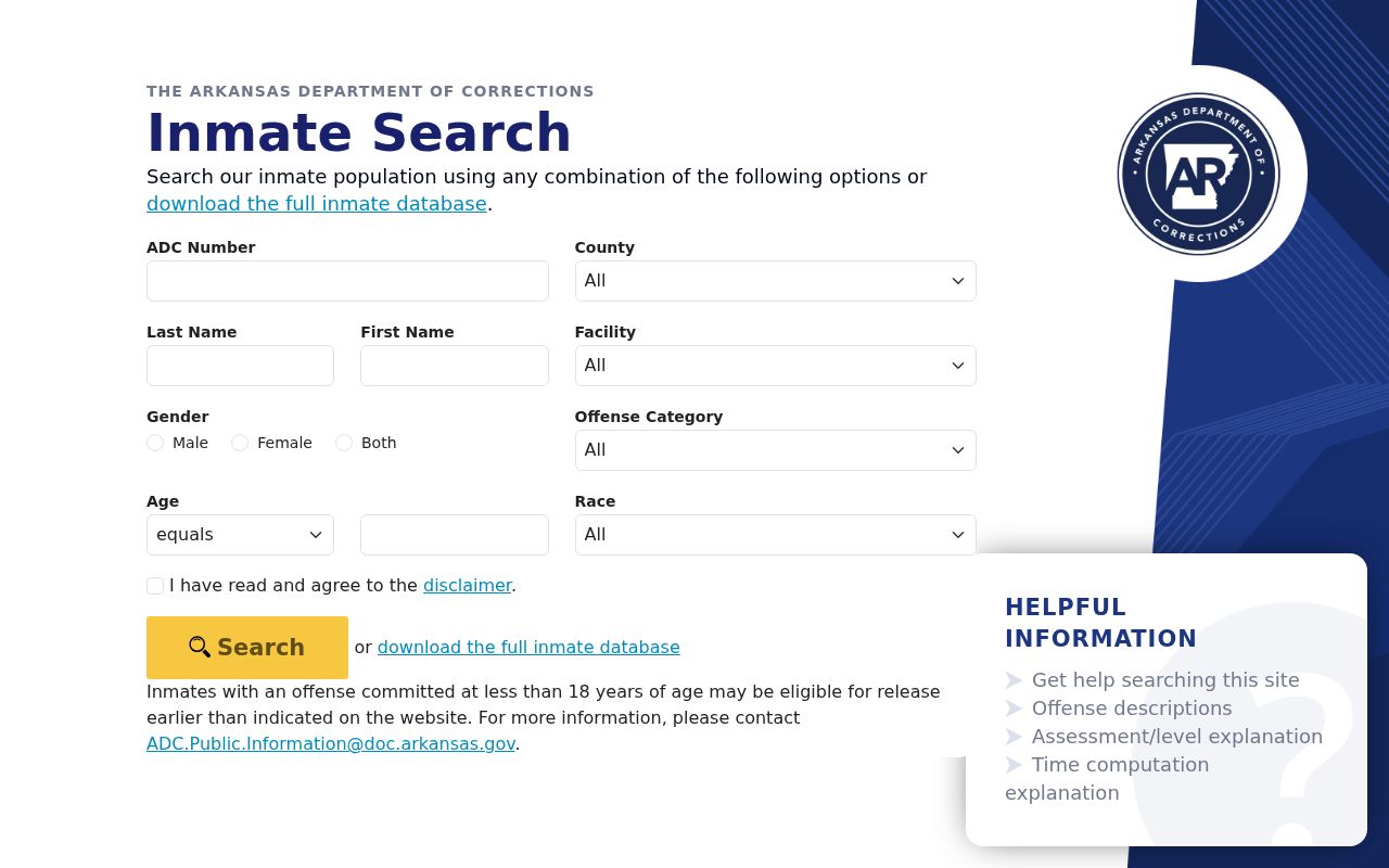 Arkansas inmate search filters for a Pine Bluff resident lookup