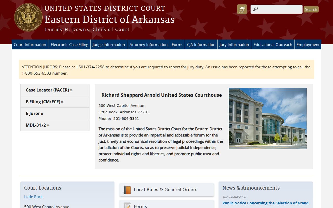 Eastern District of Arkansas court source for Pine Bluff resident lookup records